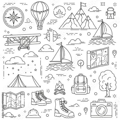 Travel and Adventure Icons: Camping, Hiking, Sailing, Flying, Mountains, Map