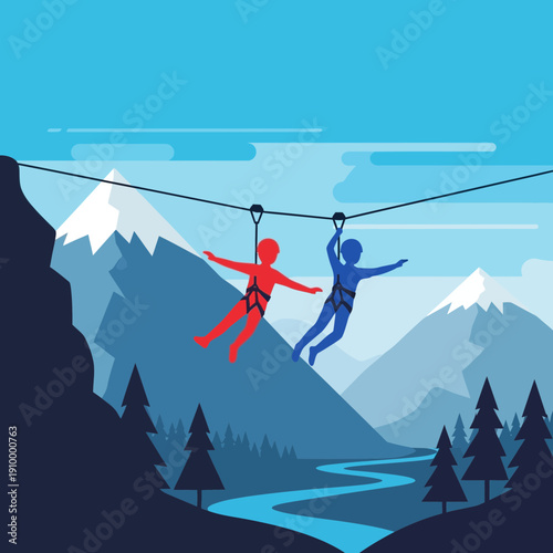 Two people ziplining over mountains and river, adventure sport