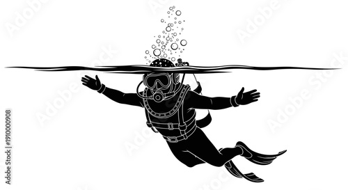 Scuba Diver Underwater Illustration Silhouette.