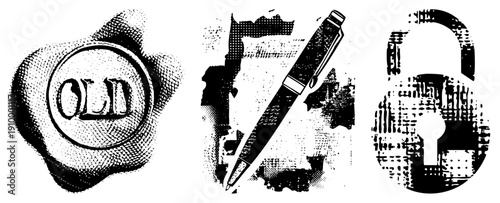 Classic seal with “OLD” imprint, vintage fountain pen with nib, antique padlock, all rendered in halftone dot, vector graphics.
