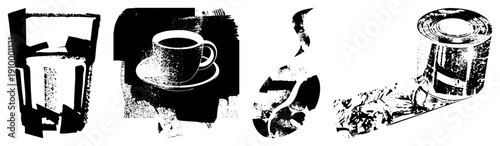 Stylized coffee cup on saucer, rising swirl, film reel, halftone texture, vector graphic, isolated elements, design.