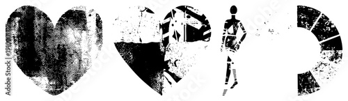 Stylized halftone heart, robotic humanoid, segmented circle graphic elements with gritty texture, vector art, isolated foreground, aesthetic.