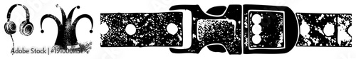 Retro headphones, jester hat, belt buckle rendered in halftone vector style, isolated graphic elements, design, stylized symbols.
