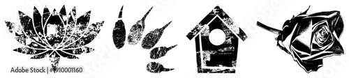 Distressed black and white vector lotus flower, leaf shapes, birdhouse, rose bloom all with gritty texture, ideal for graphic design or print.