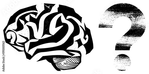 Stylized human brain graphic paired with a halftone question mark, representing curiosity, problem solving, or cognitive questioning. Brain illustration, thought, inquiry symbol.