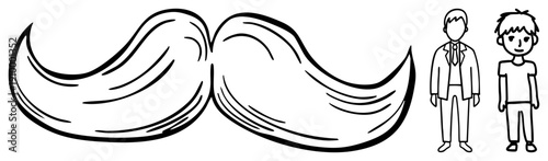 Cartoon mustache dwarfing two men, humorous scale, facial hair illustration, exaggerated grooming, vintage style beard, graphic design element.