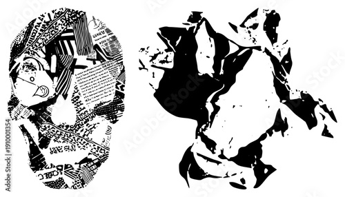 Artistic black and white portrait composed of fragmented text and graphic elements, stylized silhouette, typographic collage, abstract human form, graphic design piece.