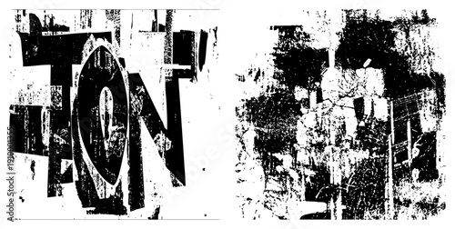 High contrast typographic art featuring the word "TON" in distressed, fragmented lettering, gritty texture, stencil aesthetic, urban graffiti influence, abstract typography.