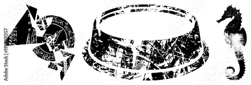 Stylized black and white vector shattered helmet fragments, textured bowl, and seahorse silhouette, all rendered with halftone grain and sharp, ideal for graphic design or UI elements.