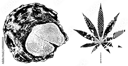Black and white halftone tree stump with rings, leaf with segments, graphic design, isolated elements, vector art.