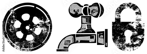 Retro film reel, faucet, and padlock symbols rendered in halftone style, vector graphic, distressed texture, isolated, security and themes.
