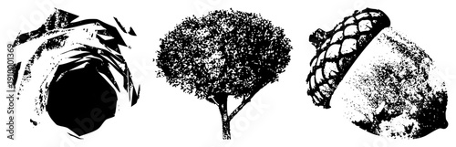 Cave mouth with jagged rock formations, full canopy tree silhouette, acorn with textured cap, all rendered in halftone dot, isolated vector graphics for design use.