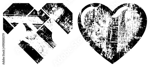 Two heart symbols, one fragmented into geometric, one intact, both with gritty texture, vector art, emotional, graphic design element.