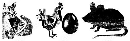 Retro styled animal silhouettes with halftone texture, cat, rooster, egg, mouse, graphic design, vector art, illustration.