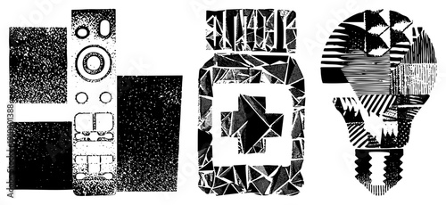 Black/white vector art with fragmented geometry, halftone & stipple, angular compositions. High contrast, stylized abstraction.