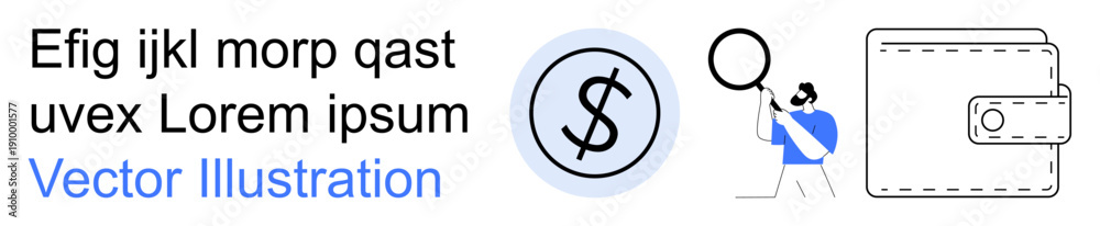 Fototapeta premium Money management, finance tracking, budgeting, investment, financial analysis, online transactions. Currency symbol, wallet person with magnifying glass. Money management and finance tracking