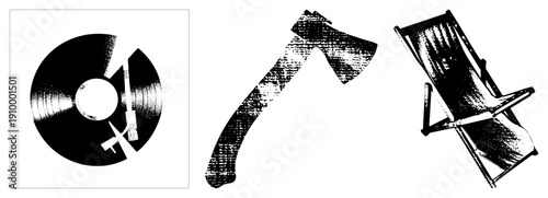 Black and white halftone vector broken vinyl,, reclining beach chair, isolated graphic elements, retro style, music and leisure symbols.