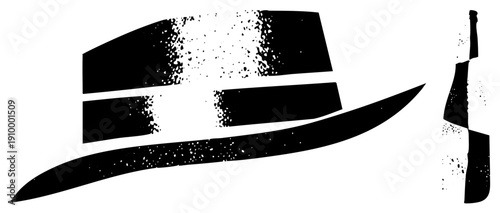 Black vector silhouette of cowboy hat and bottle, grunge texture, isolated graphic, western, rustic design, flat style, bold shapes.