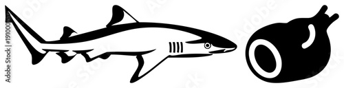 Stylized shark swimming beside torpedo like form, vector silhouette, marine graphic, minimalist design, black and white illustration.