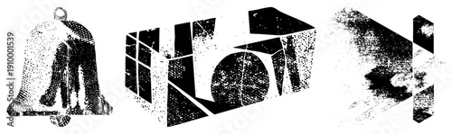 Stylized halftone bell, fragmented cube, abstract geometric forms, vector art, graphic design elements, retro print aesthetic, isolated symbols.