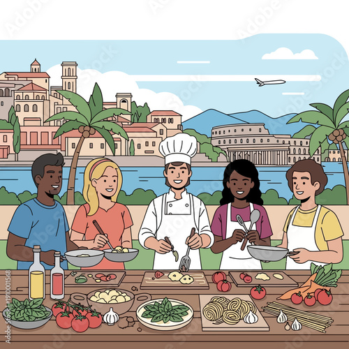 Diverse group cooking class with chef in scenic coastal town