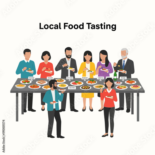 Diverse group tasting local food at a table with many dishes