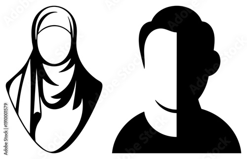 Abstract vector busts, gendered profiles, minimalist, cultural representation, silhouette art, graphic, user avatar design.