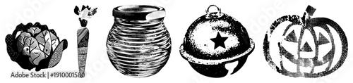 Black and white halftone illustrations of festive symbols jack o lantern, star topped bell, autumn leaf, and torch. Halloween decor, seasonal graphic elements, spooky set.