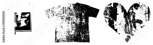 Distressed black and white vector book with torn cover, t shirt with grainy texture, heart with weathered. Graphic design elements for branding or apparel.