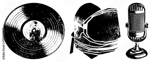 Classic music disc, space gear, old school mic, retro equipment, black and white vector, nostalgic symbols.