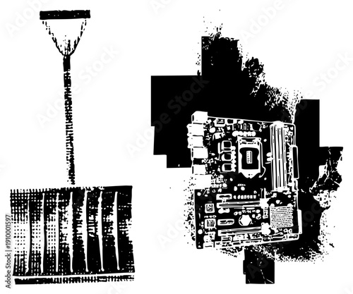 Black and white vector graphic of shovel and computer motherboard, halftone style, isolated digital and manual tools, tech and labor symbols.
