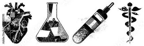 Heart anatomy, beaker with chemical reaction, syringe, caduceus symbol all rendered in halftone style, ideal for medical or scientific design projects.