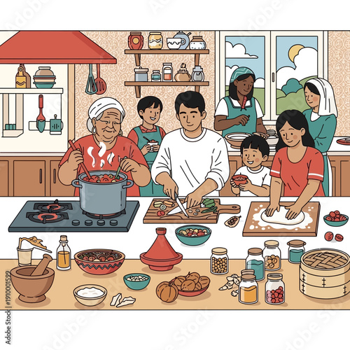 Family cooking together in a kitchen, diverse generations preparing food