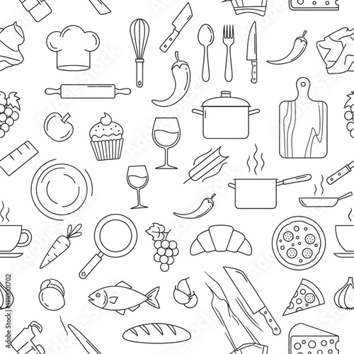 Seamless Kitchenware and Food Pattern: Cooking Ingredients and Utensils Outline