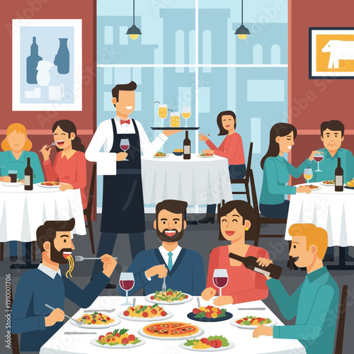 Restaurant dining with waiter serving customers and food