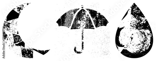 Weather and night themed vector with distressed halftone texture, moon, open umbrella, raindrop, isolated graphic elements, stylized symbols.