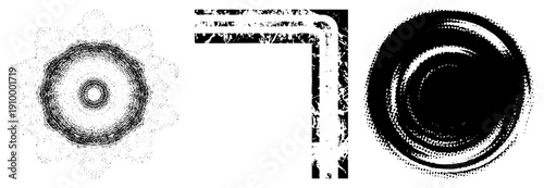 Vector halftone designs featuring concentric circles and angular shapes, isolated graphic elements, stylized dot, vector art.