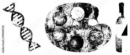 Black and white halftone graphic of DNA helix, painter’s palette with paint wells, and wine bottle silhouette artistic science and creativity symbols. DNA molecule, artist tools, wine.