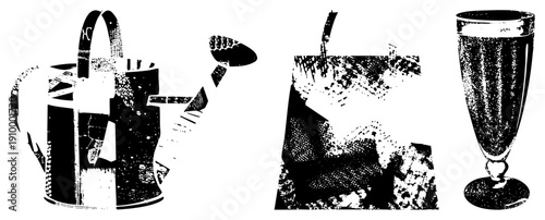 Retro stylized watering can, shovel, and cocktail glass rendered in halftone, vector art, garden and bar tools, isolated graphic elements.