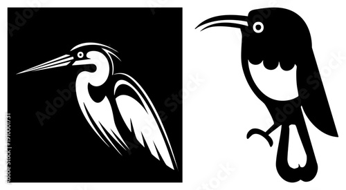 Stylized heron with long neck and sharp beak, hummingbird with curved bill and tail feathers, both rendered as bold black and white vector, ideal for branding or graphic design.