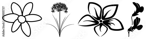 Abstract flower shapes rendered in clean black, minimalist botanical illustrations, decorative motifs, graphic design elements, isolated vector flowers.
