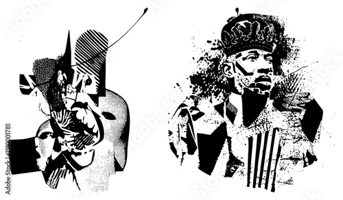 Black and white halftone stylized portrait of a crowned king, abstract geometric shapes, graphic art, vector illustration, bold contrast, stylized, pop art influence.