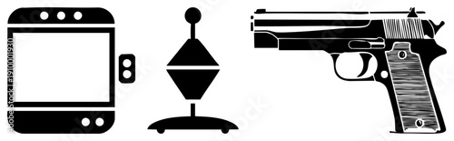 Minimalist black vector smartphone with buttons, pendulum clock, pistol handgun. Flat design, isolated symbols for UI, apps, or security themes.