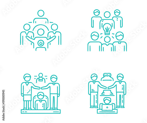 Four green line art illustrations of people in teamwork and partnership