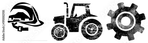 Safety helmet, tractor silhouette, gear symbol industrial, construction safety, machinery elements, vector symbols, equipment graphics.