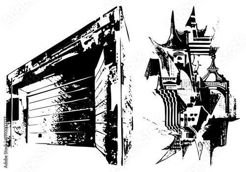 Stylized with spires and turrets, rustic barn with slatted door, vector illustration, architectural, and rural themes.