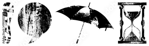 Distressed black and white vector featuring footprint, tree, umbrella, hourglass with gritty texture, isolated graphic elements.