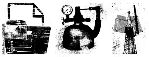 Grungy halftone vector of pressure gauge, radiator, and radio tower, industrial equipment, mechanical components, distressed textures, technical illustration.