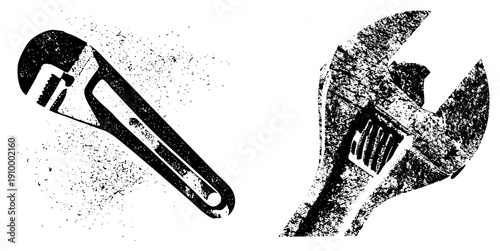Black and white vector wrenches with gritty halftone texture, tools, mechanic equipment, isolated graphic, repair symbols, mechanical fixers.