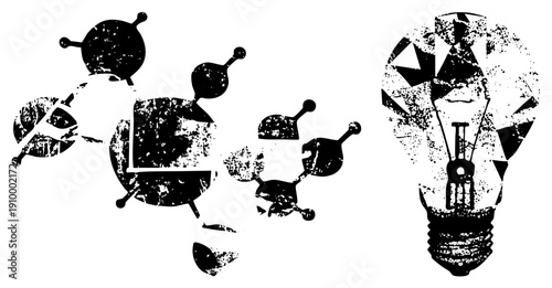 Abstract scientific symbols including molecular chains and a stylized lightbulb, representing discovery, chemistry, and innovation in research labs or educational contexts.